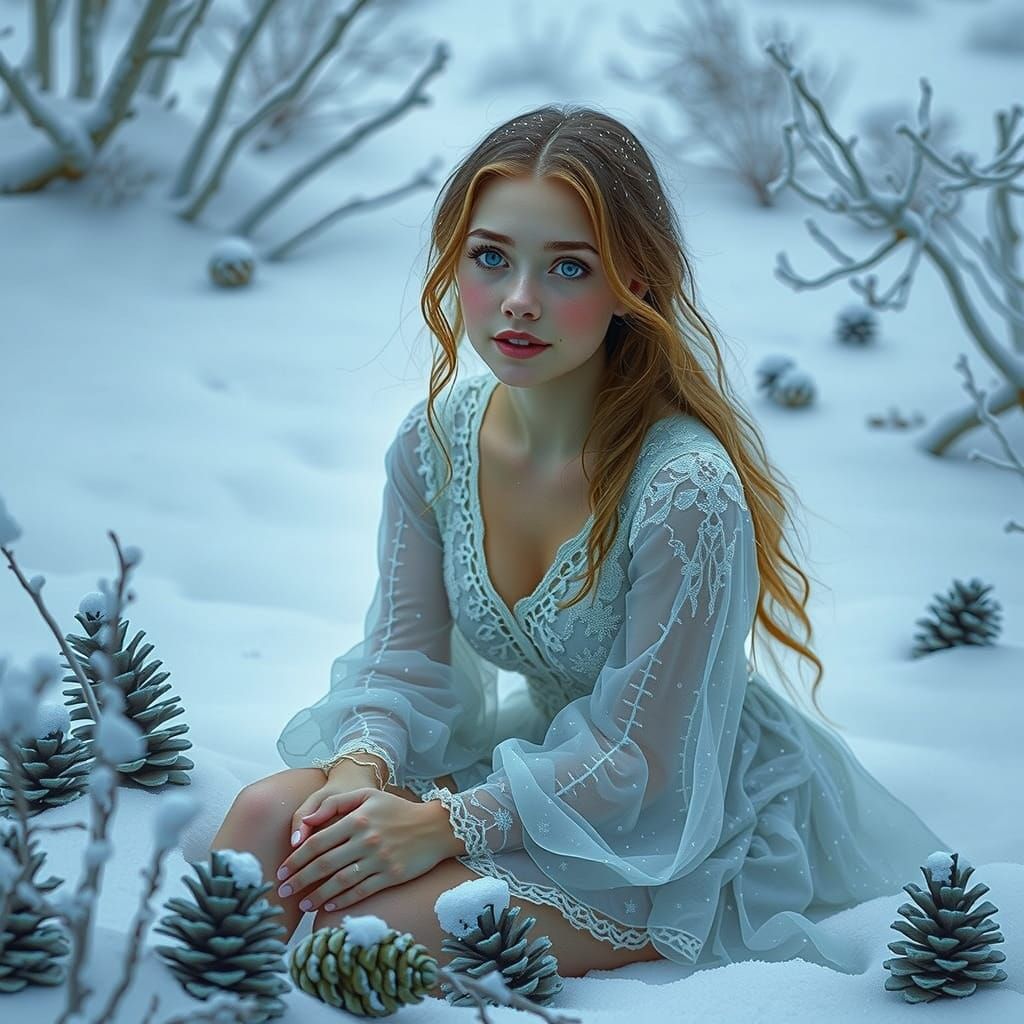 Snow Goddess in Ivory Gown under Lunar Glow