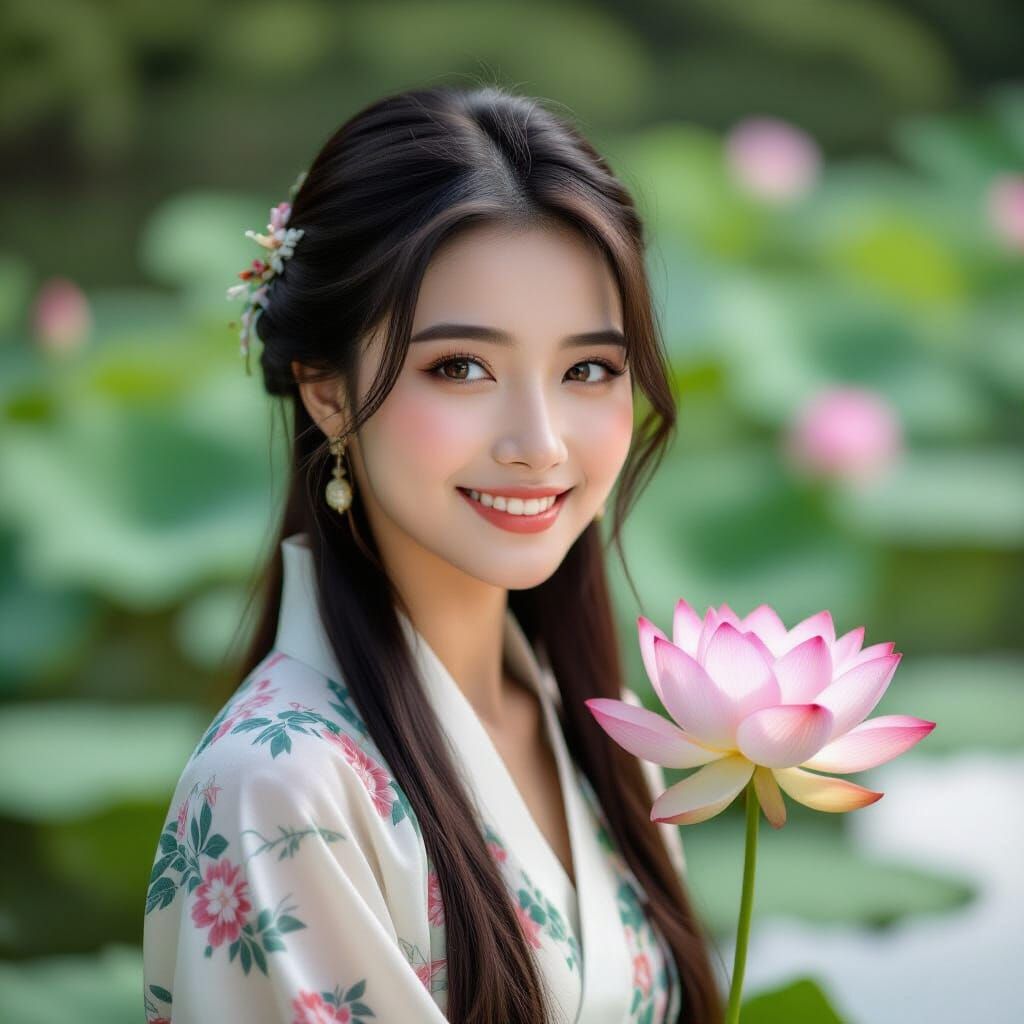 Vietnamese Lady in Áo Dài by Lotus Pond