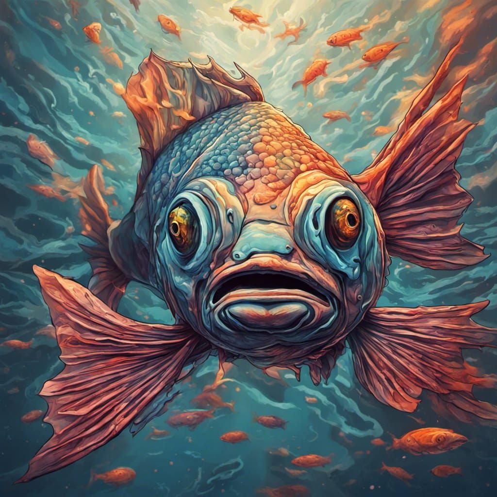 Surreal Fish Swimming Upstream in Splash Art Style