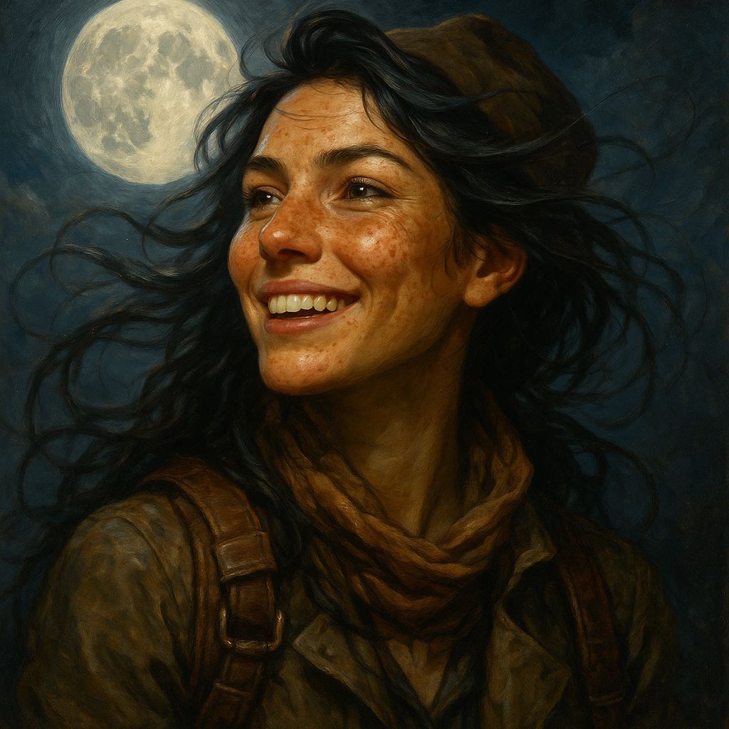 Happy Adventurer in Moonlight, Detailed Close-up Painting