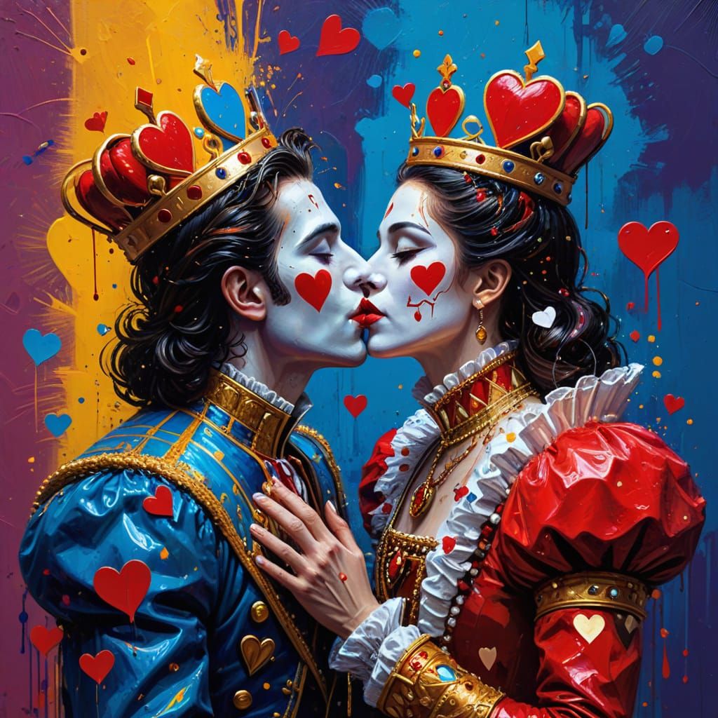 King and Queen of Hearts Exchanging Kisses in Vibrant Oil Pa...