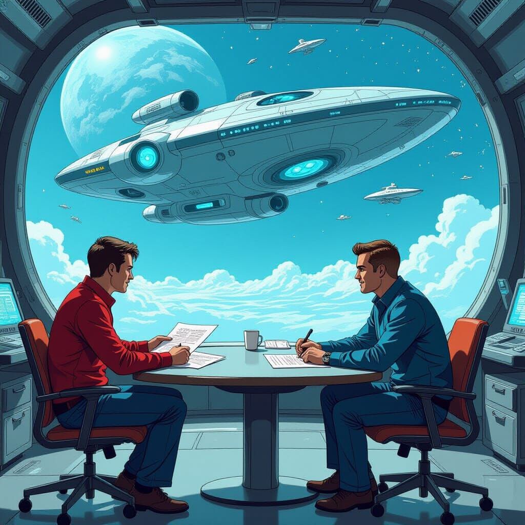 Human and Alien Engineers Plan Spaceship: Comic Book Art