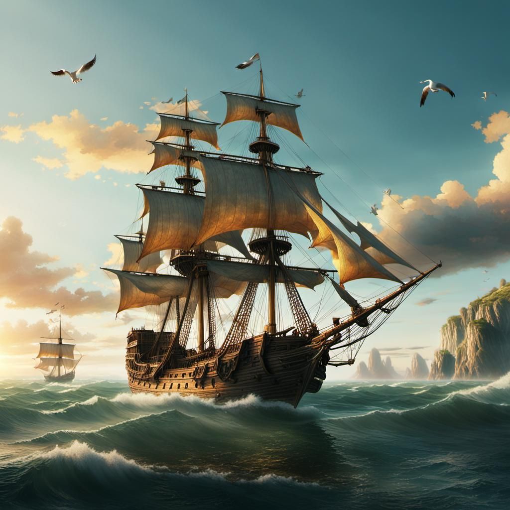 Galleon Anchored in Bay at Golden Hour