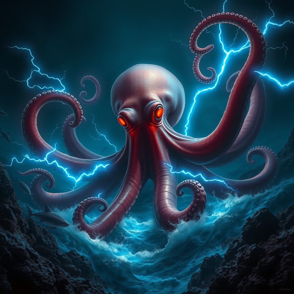 Majestic Electric Octopus Reigns Over Dark Oceanic Depths