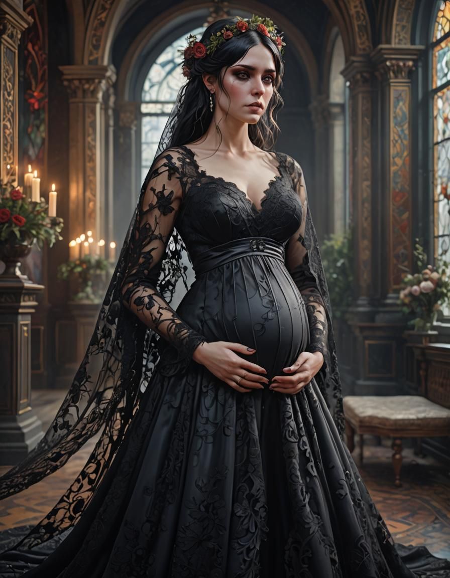 Gothic Pregnant Bride in Black Lace Dress, Detailed Portrait