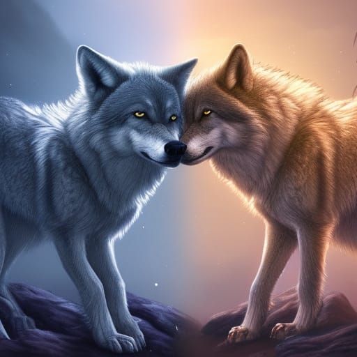 Loving Wolves Embrace in Detailed Matte Painting