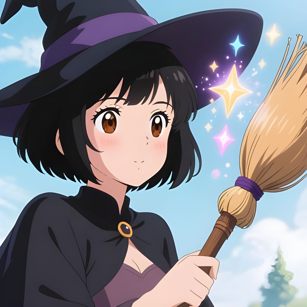 Anime Witch Admiring Enchanted Brooms