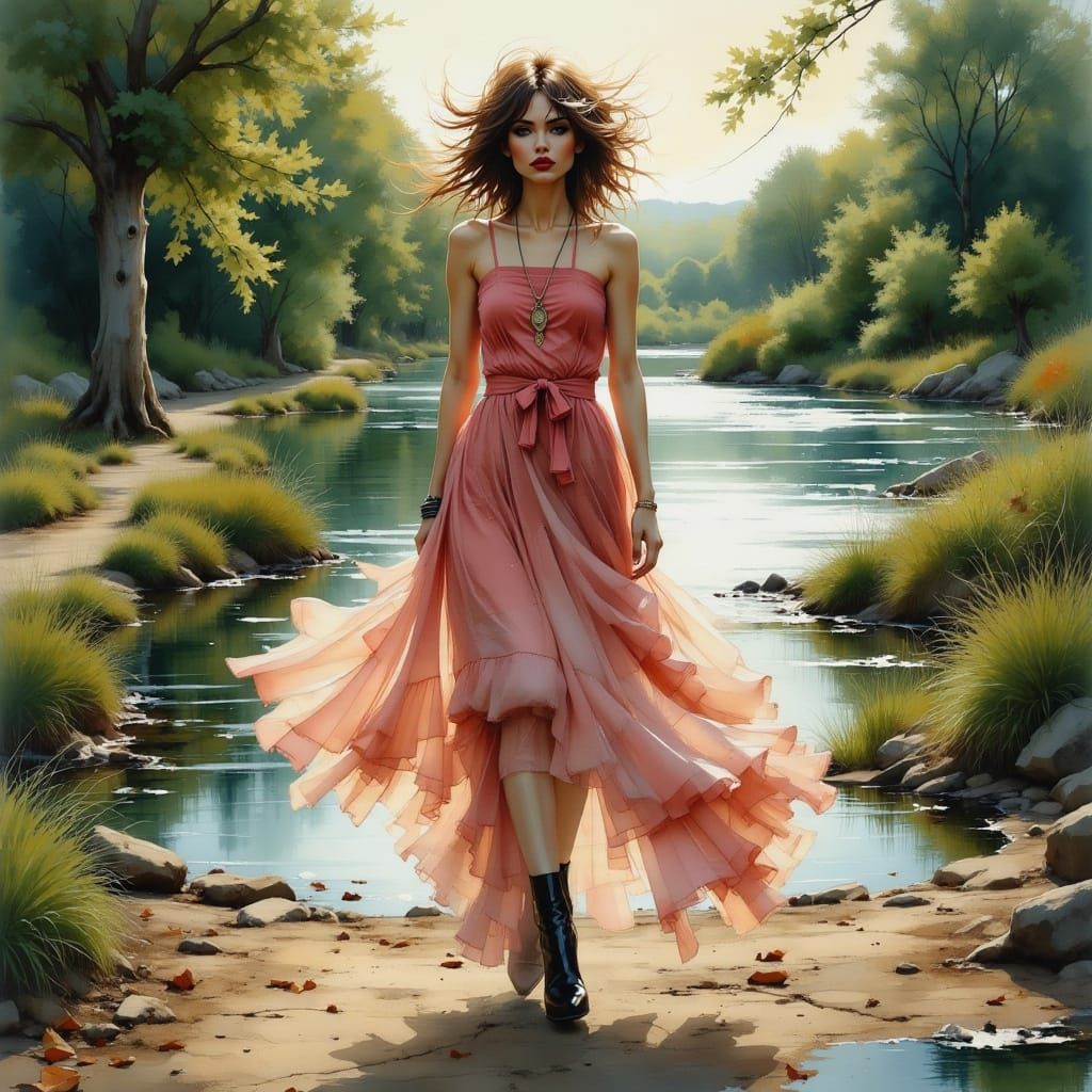 Woman in Designer Clothing Walks to Fairytale Riverbank