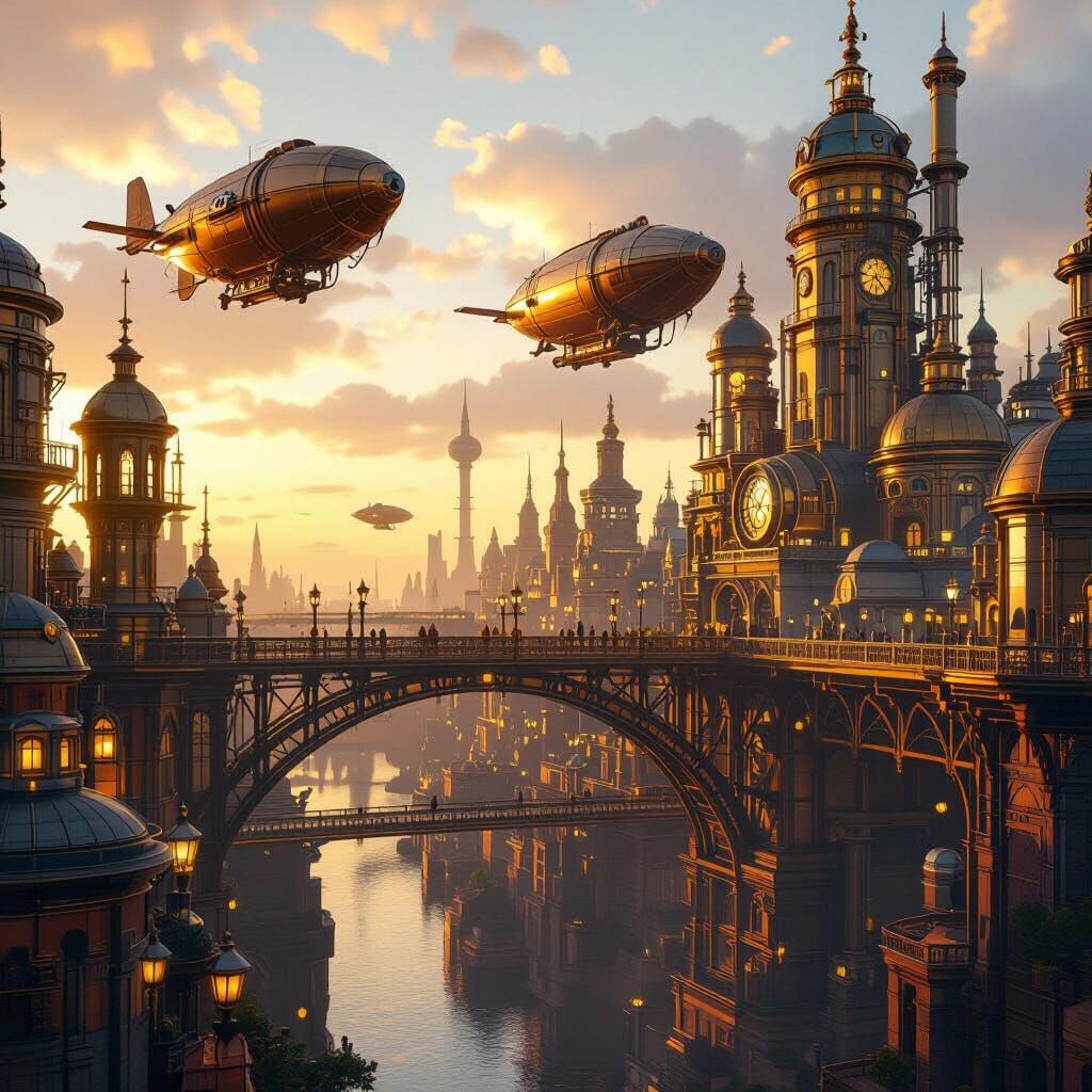 Steampunk Cityscape with Airships at Golden Hour