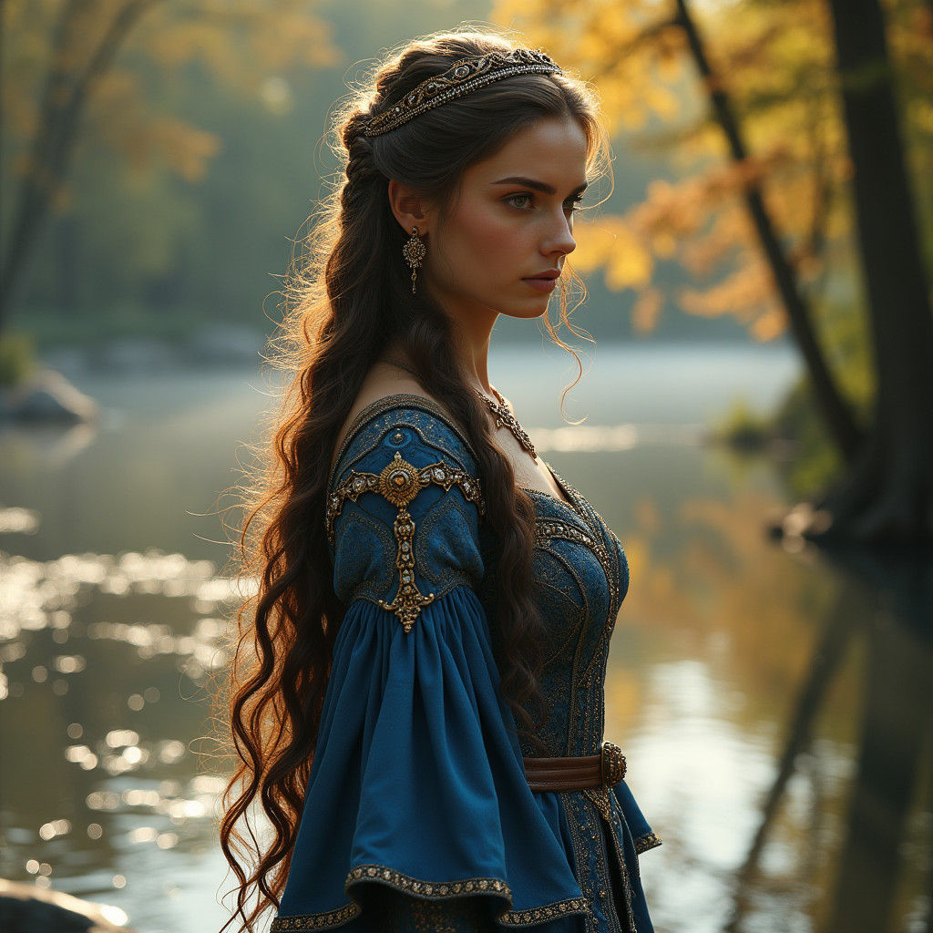 Regal Celtic Woman Striding Across River as Digital Art