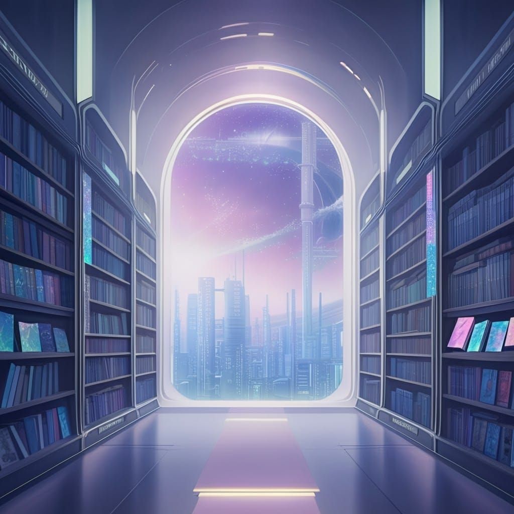 Utopian Sci-Fi Bookstore Aisle in Amano Style