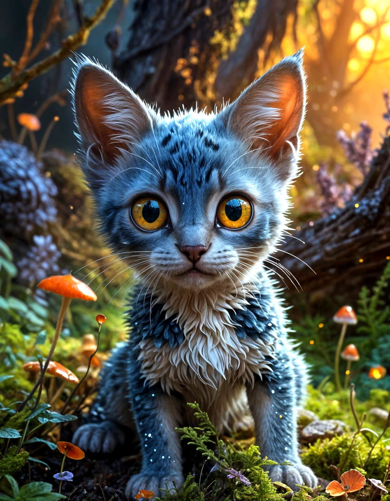 Whimsical Gold Kitten Emerges from Vibrant, Glowing Backgrou...