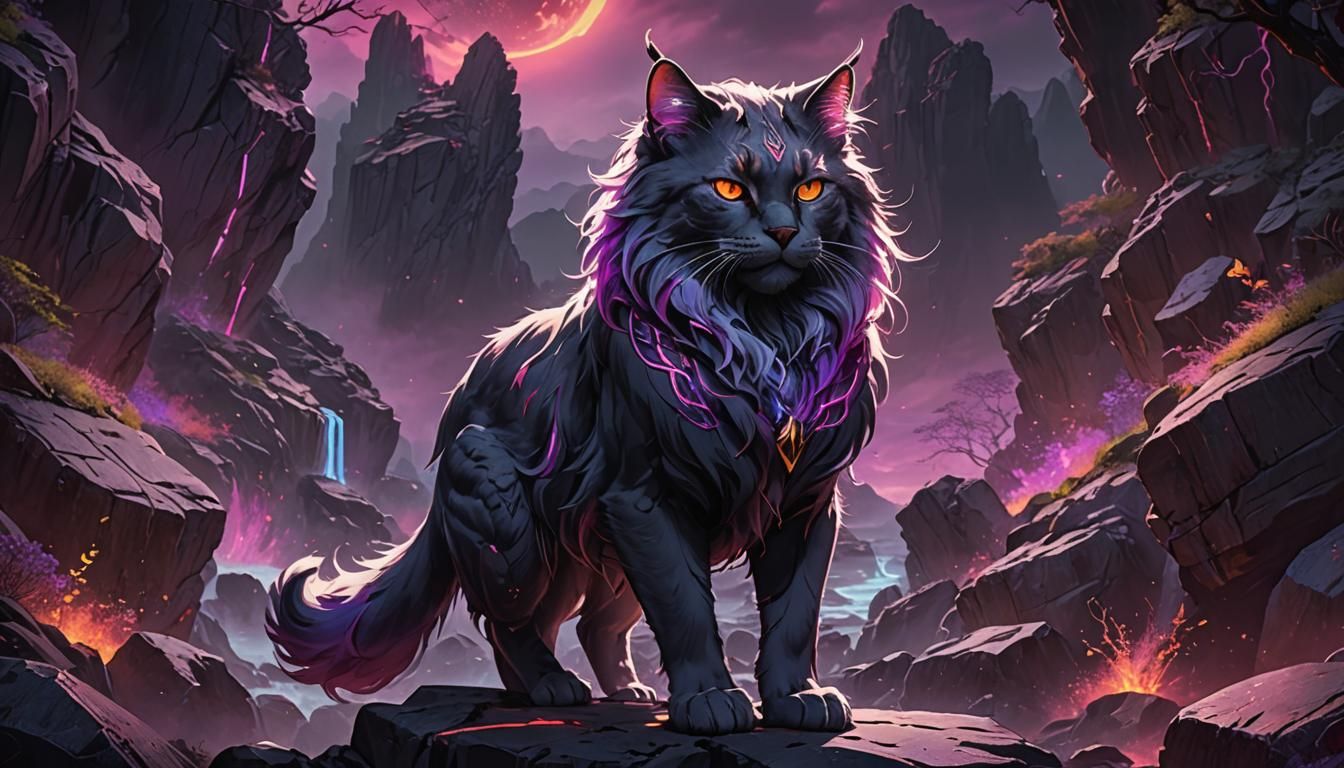 Majestic Cat with Neon Aura in Dark Fantasy Anime Style
