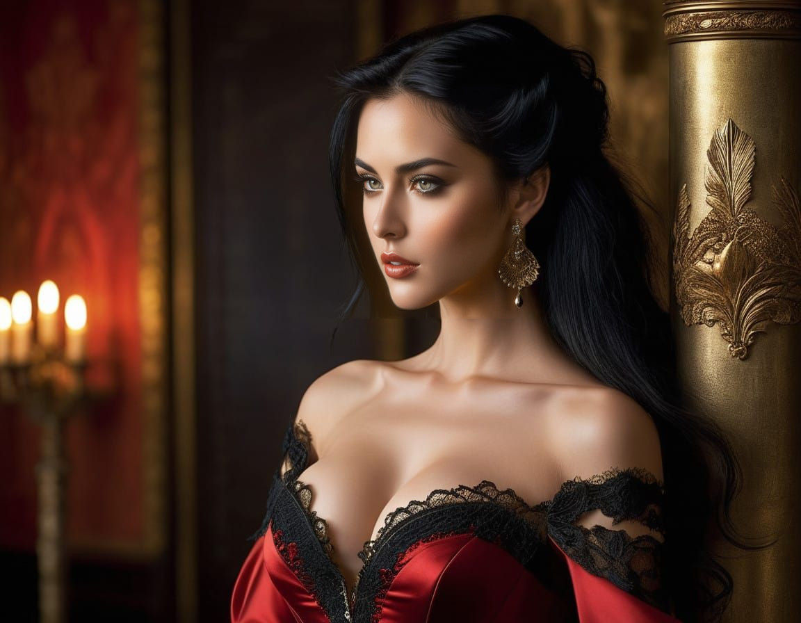 Elegant Woman in Crimson Gown, Inspired by Luis Royo's Art