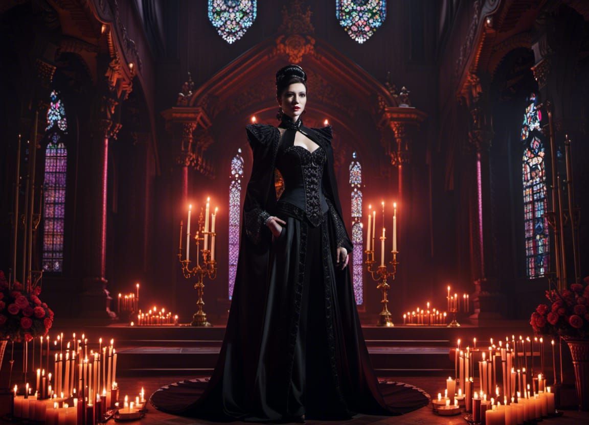 Gothic Japanese Vampire in Dark Hall: Digital Art