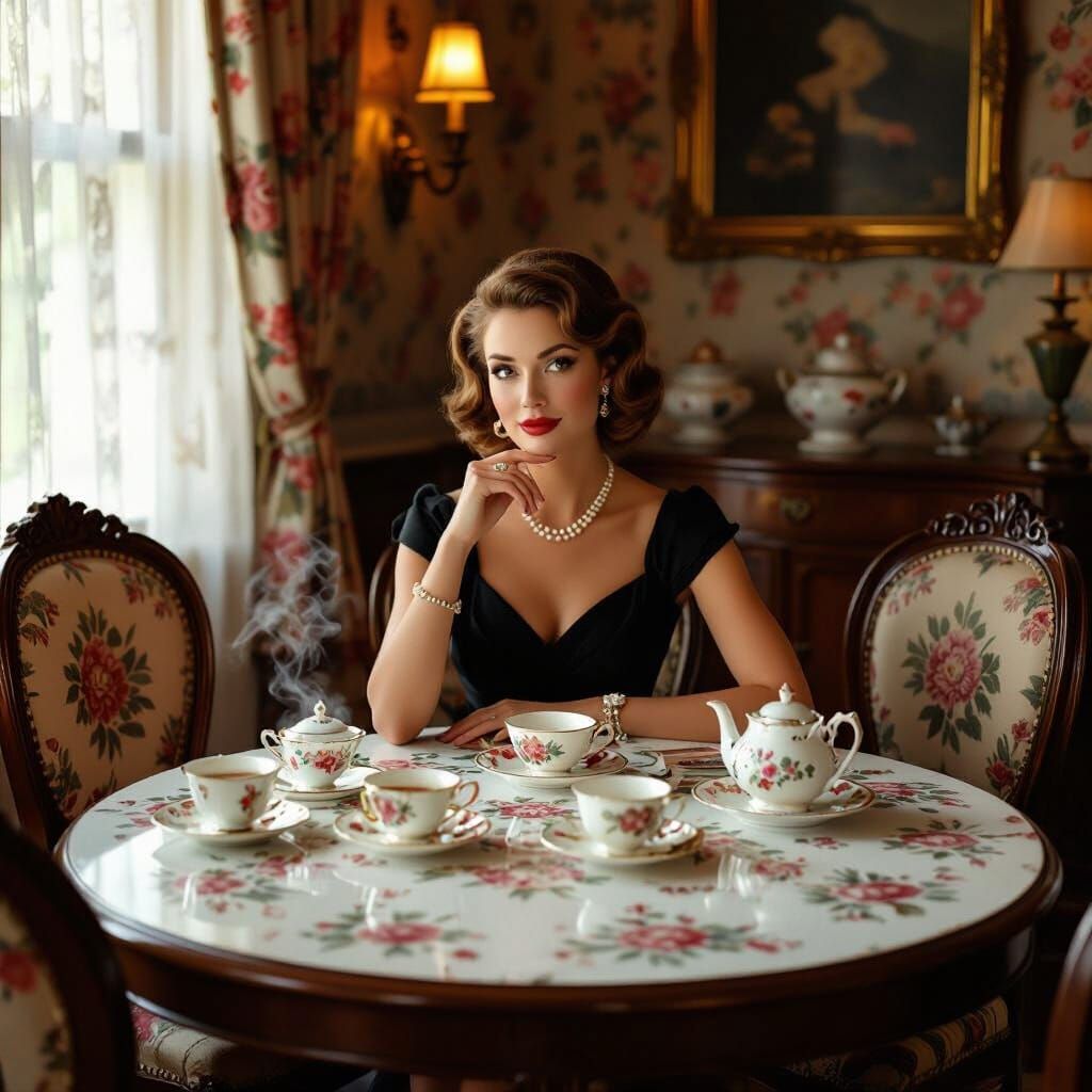 Elegant Woman at 1950s Vintage Tea Table
