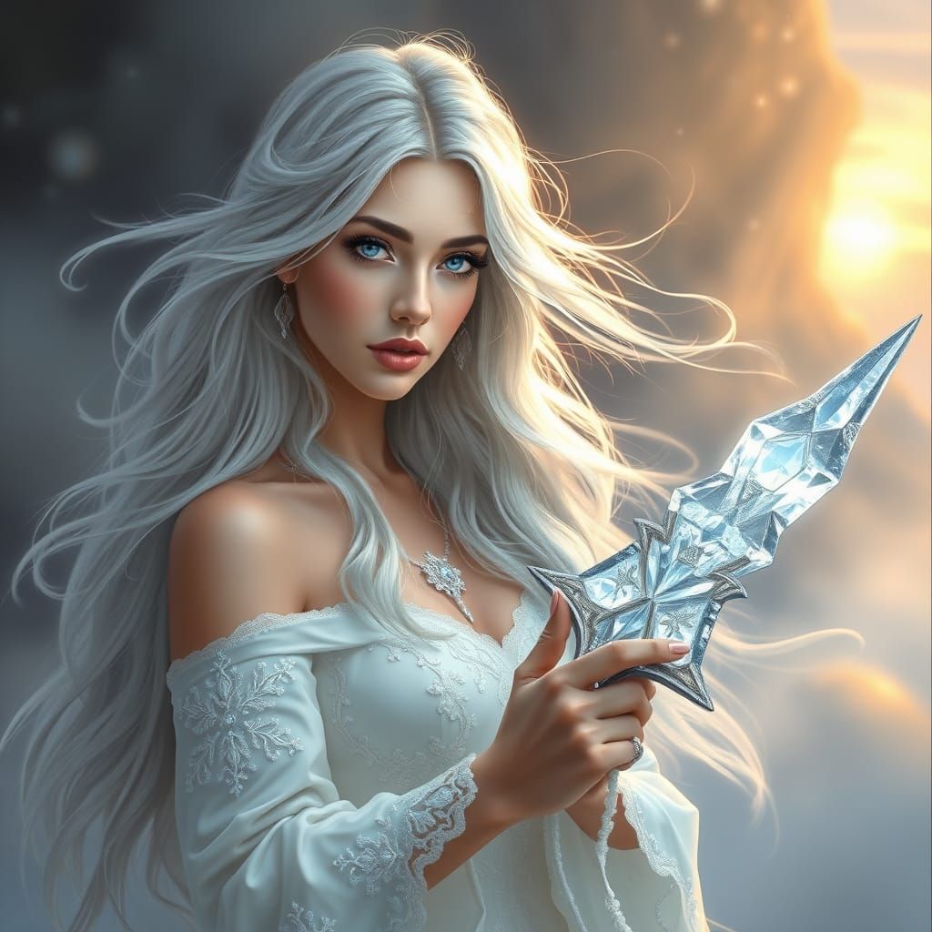 Elegant Fantasy Woman Wields Ice Sword in Dreamy Landscape
