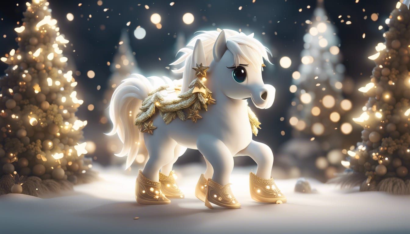 white fluffy Celestial pony christmas trees gold stars  3D Game Cinematic Feel, Epic 3D Videogame Graphics, Intricately ...