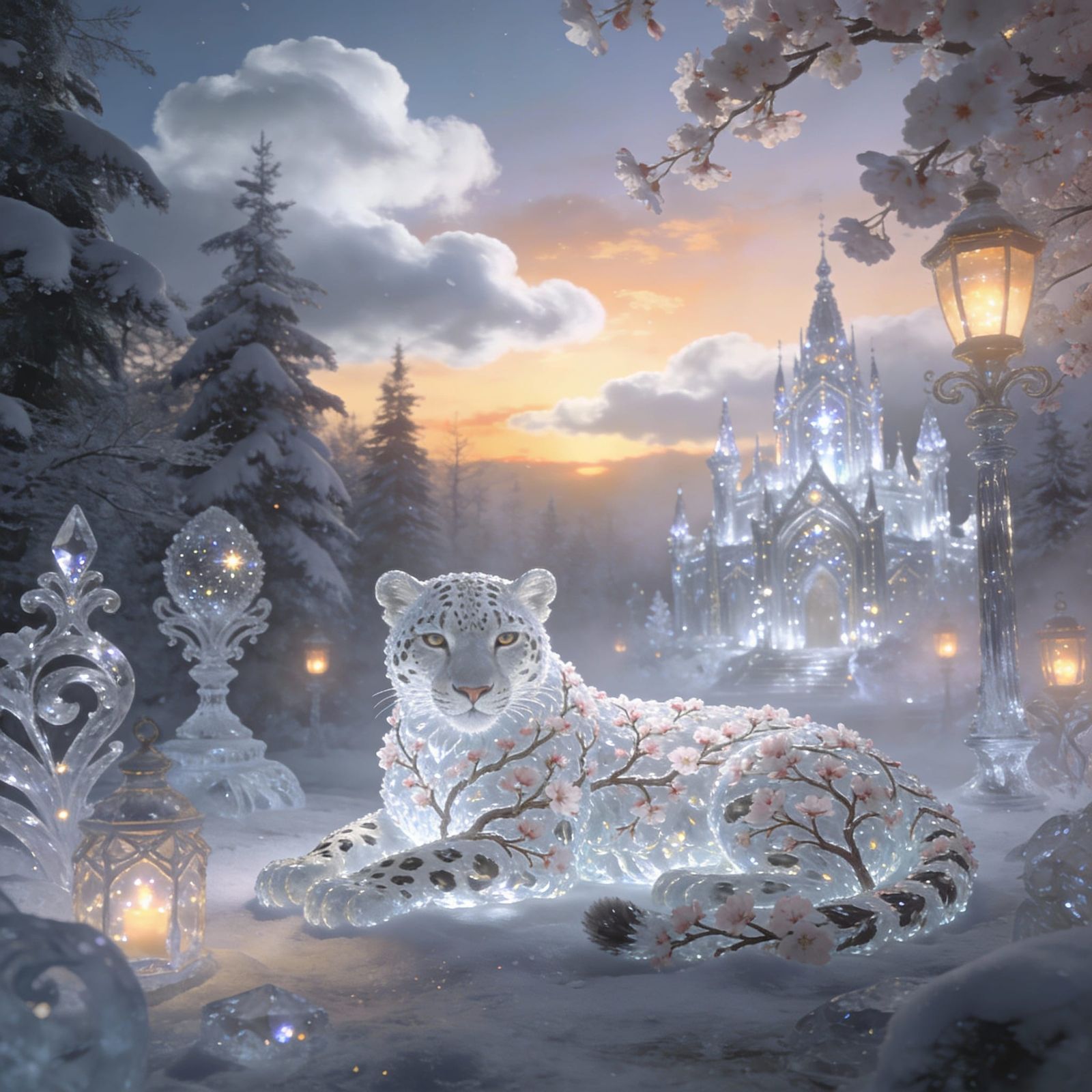 A snow leopard in snow ice sculpture, rendered as intricate cherry blossom branches