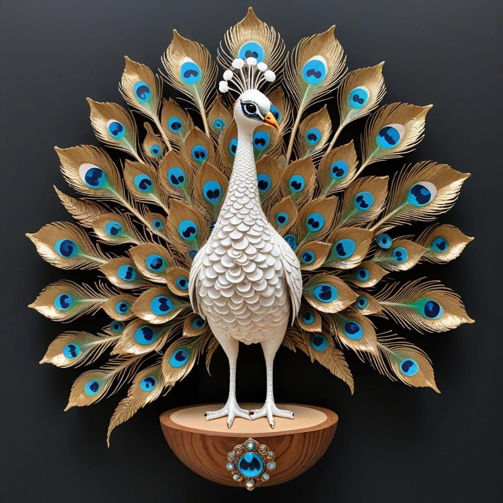 White Peacock Papier Mache Assemblage Sculpture