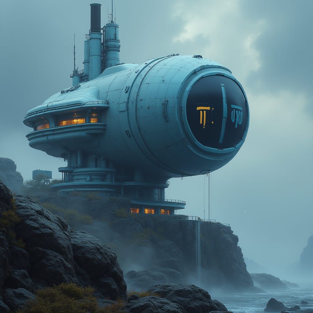 Futuristic Weather Station with Pi Logo Amidst Stormy Landsc...