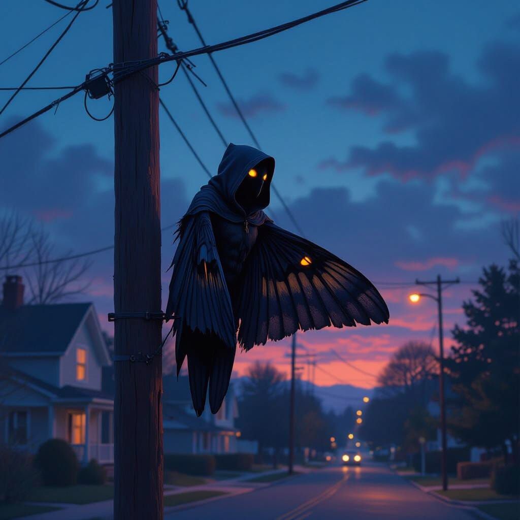Mothman Watching Suburban Street at Twilight