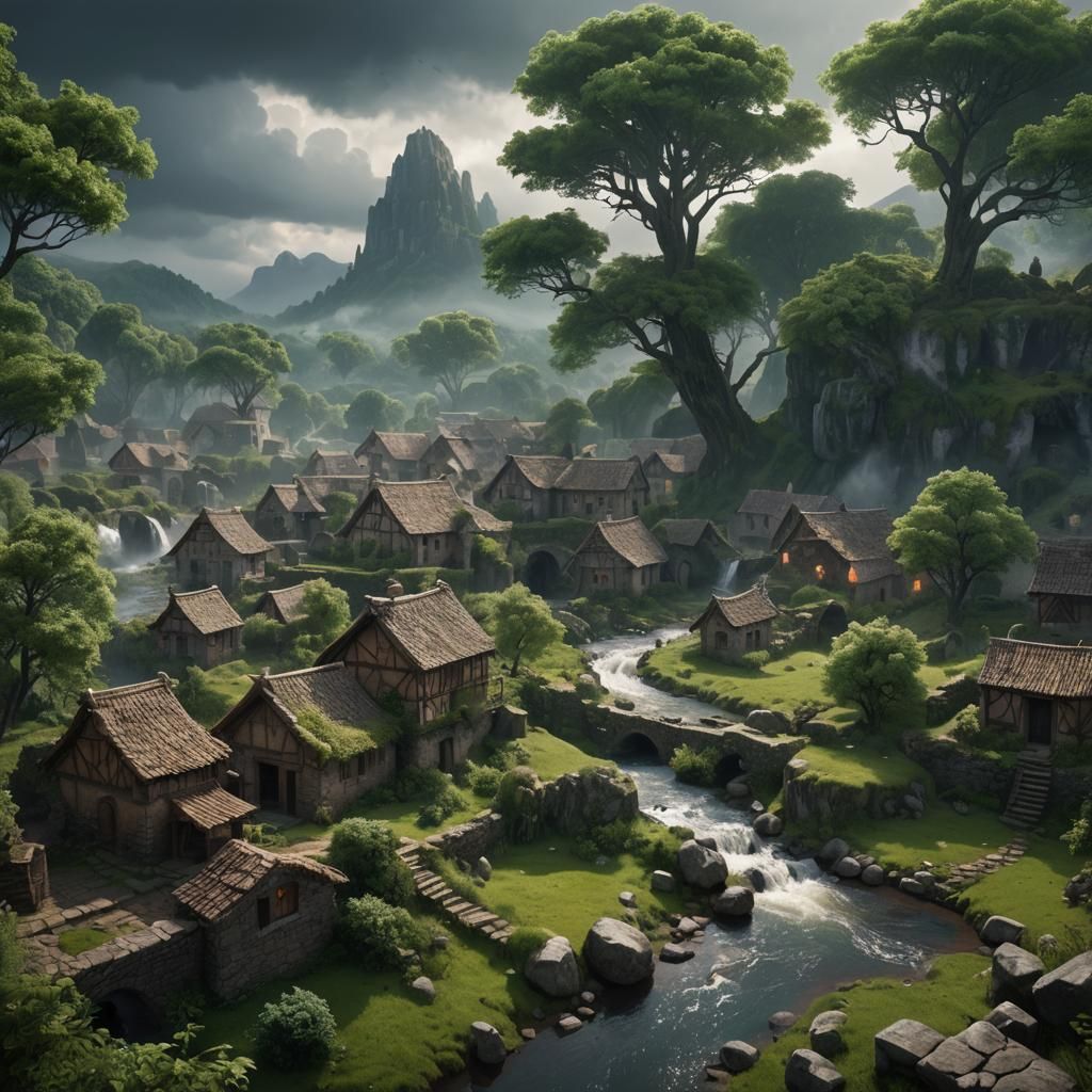 Lush Village with Thunderstorm Lighting as Matte Painting