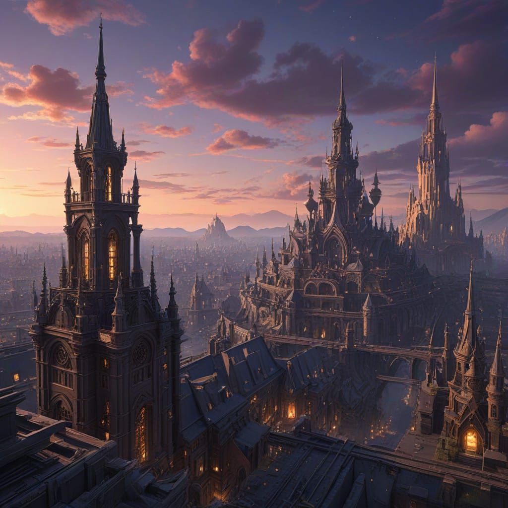 Dark Fantasy Cityscape Beneath Celestial Dome