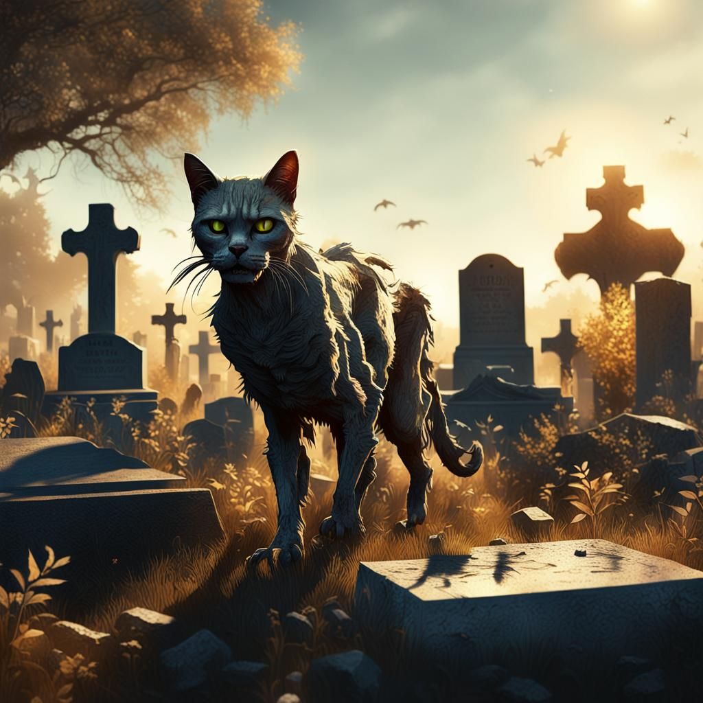 Zombie Cat Graveyard Walk in Hyperrealistic Digital Art