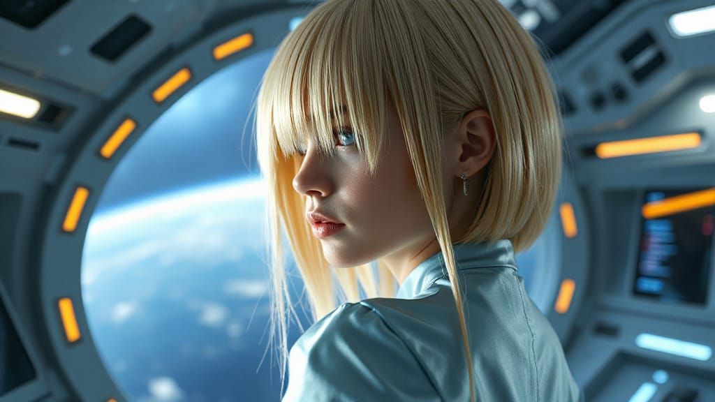 Young woman preparing to land on a new planet.