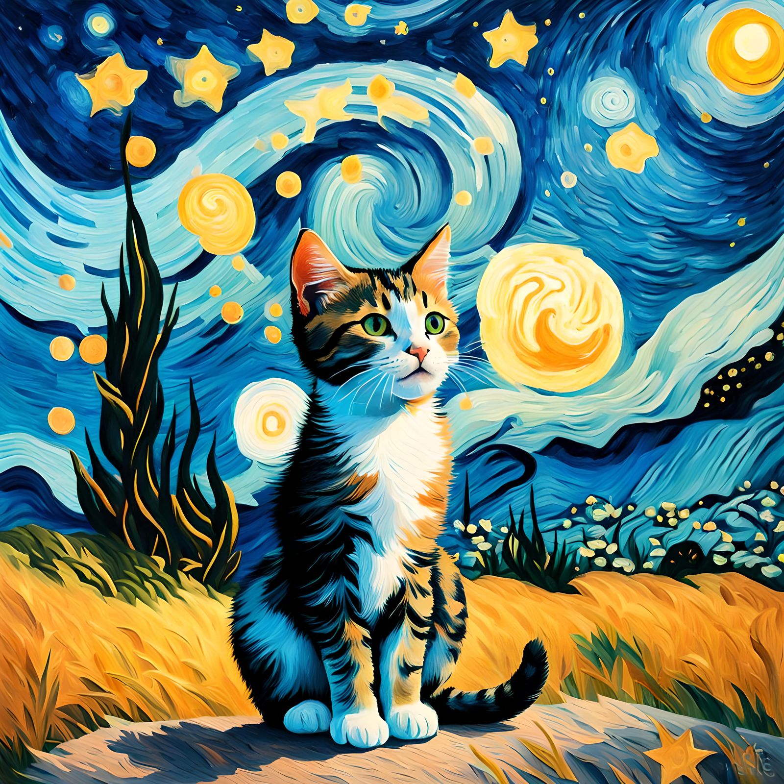 Starry Night Kitten in Impressionist Gouache Style