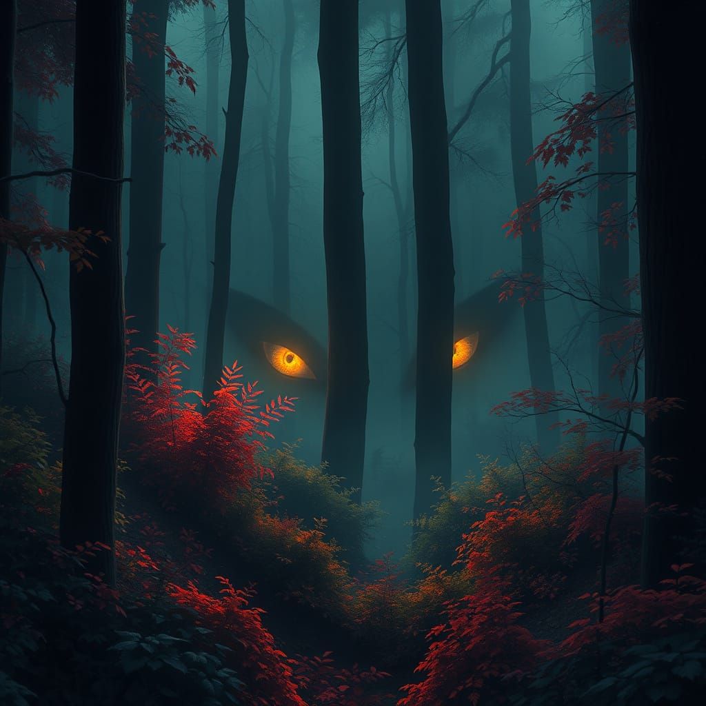 Mystical Forest with Glowing Eyes in Atmospheric Lighting