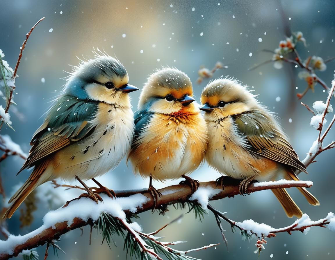 Fluffy Winter Birds Huddle Together in Snowy Scene