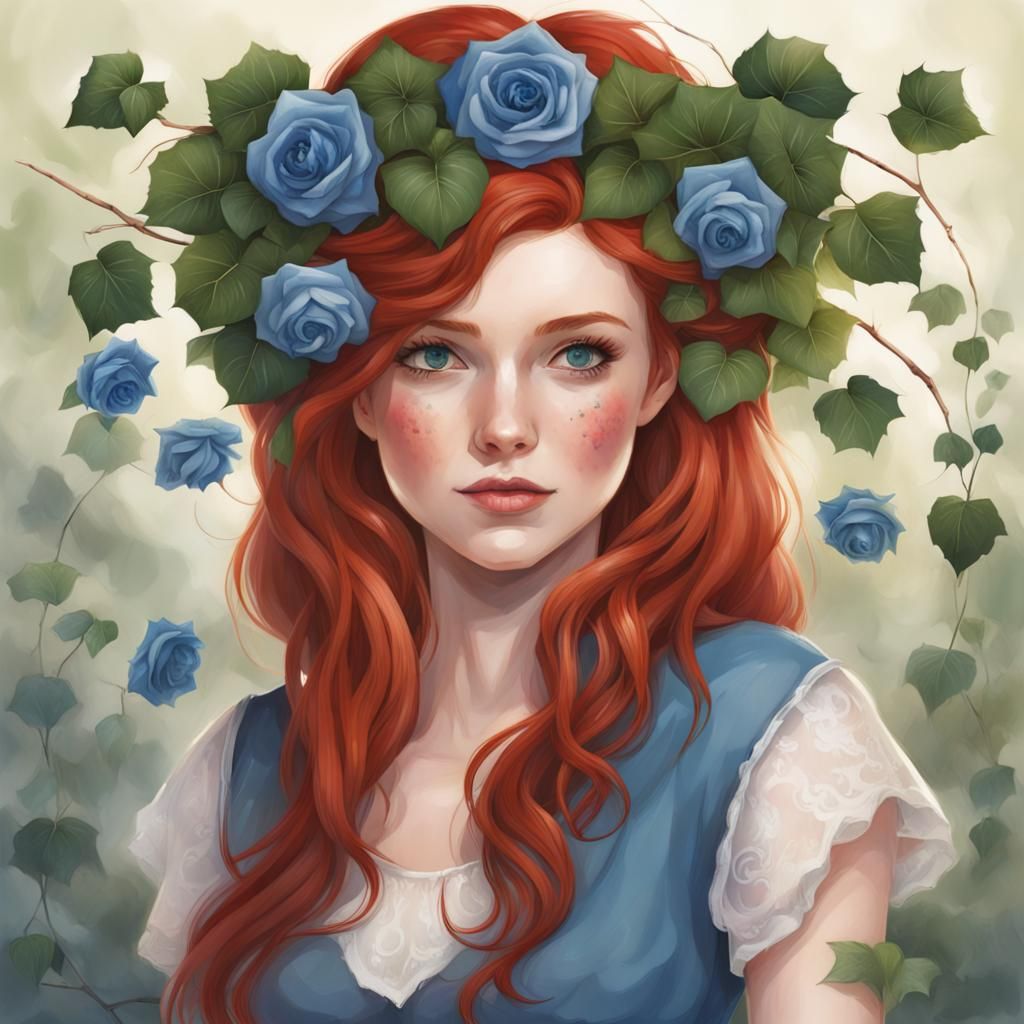 Redhead with Blue Roses and Ivy Skirt