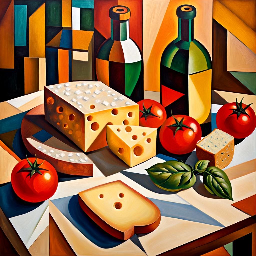 Cubist Still Life with Cheese, Bread and Wine