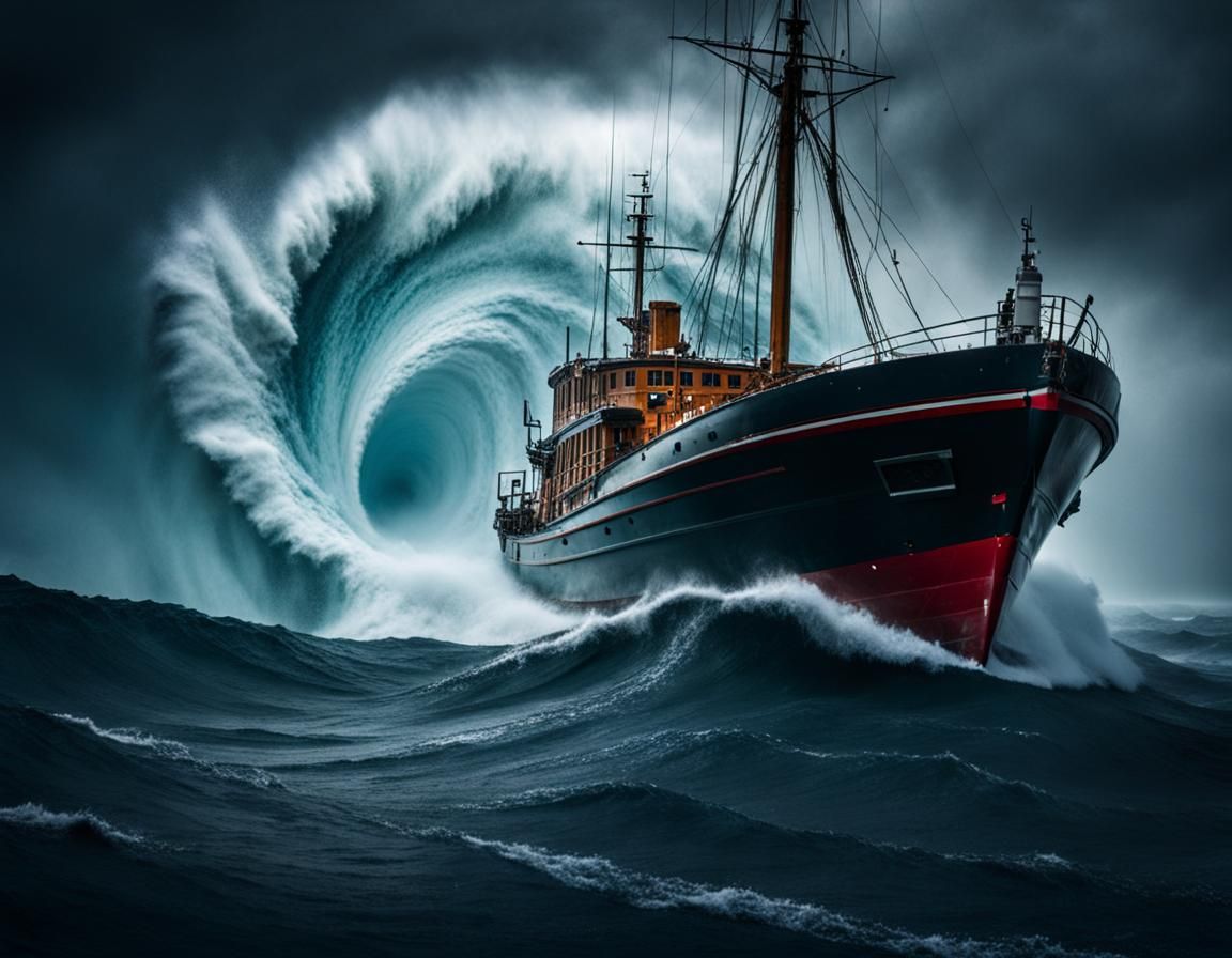 Boat Caught in a Cyclone at Sea