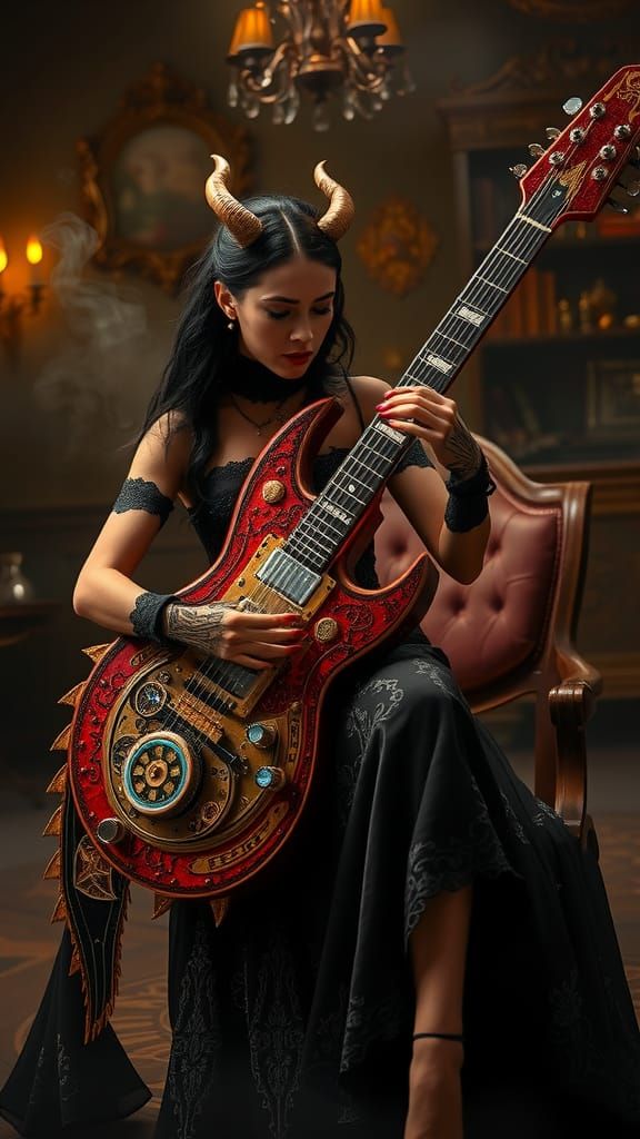Steampunk Musician Plays Crimson Dragon Guitar