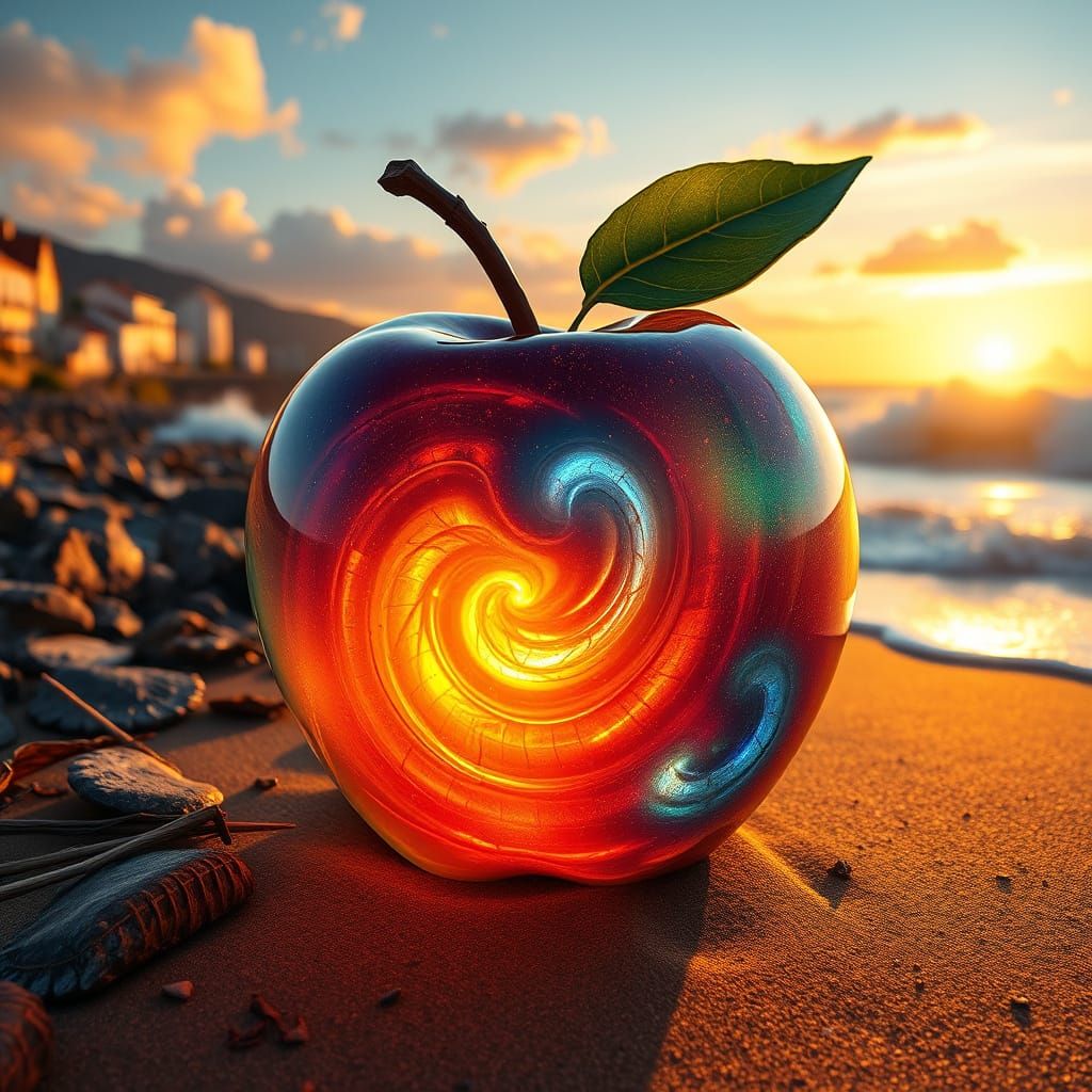 Surreal Oceanic Apple Radiates Serene Sunset Glow