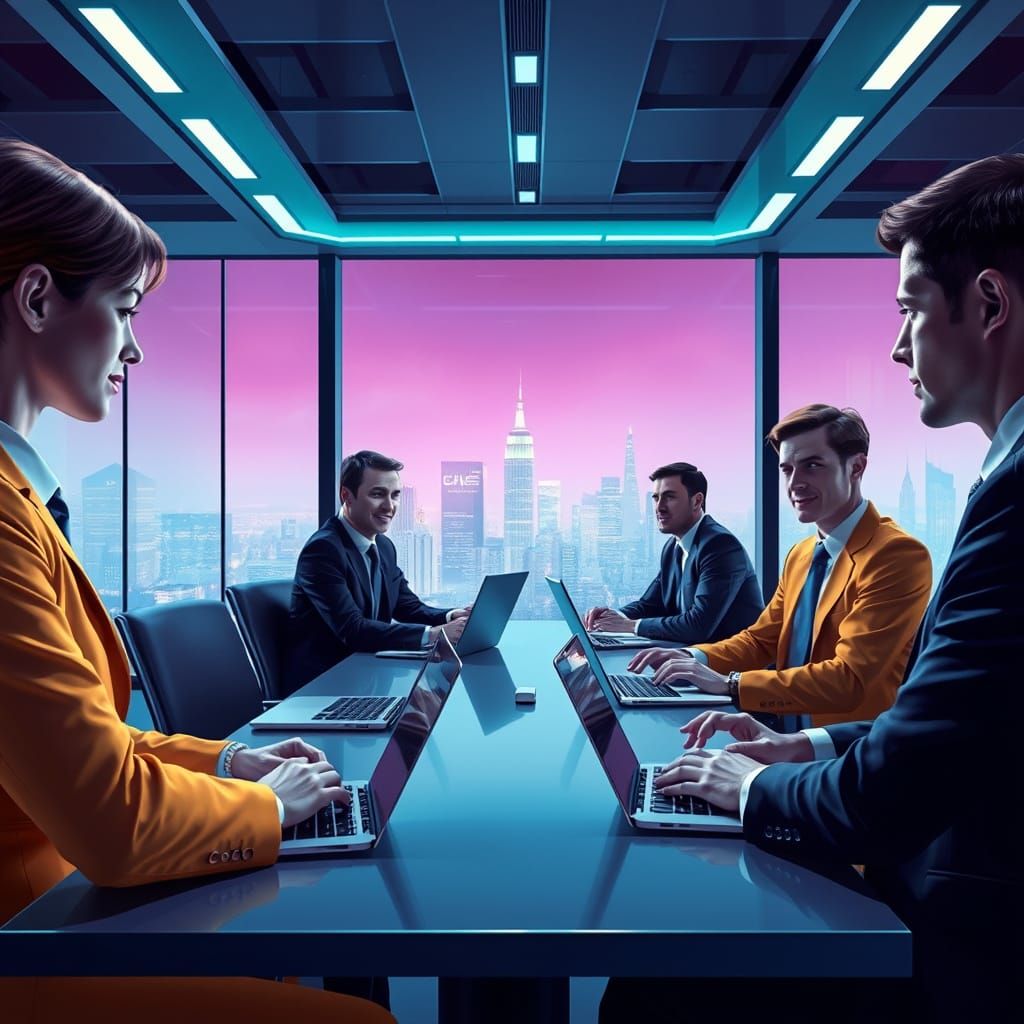 Business Professionals in Futuristic Conference Room