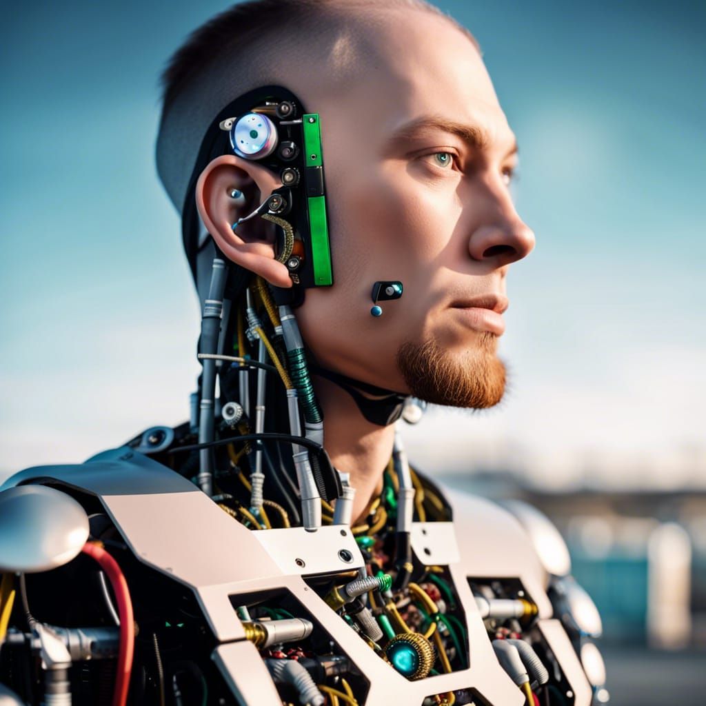 Cyborg Robot Portrait with Visible Internal Mechanics