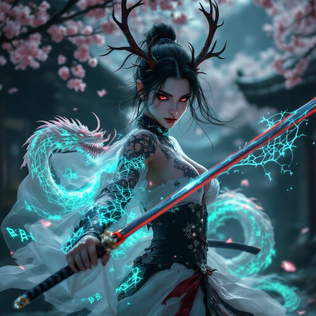 Goth Samurai Maiden in Elegant White Dragon Armor