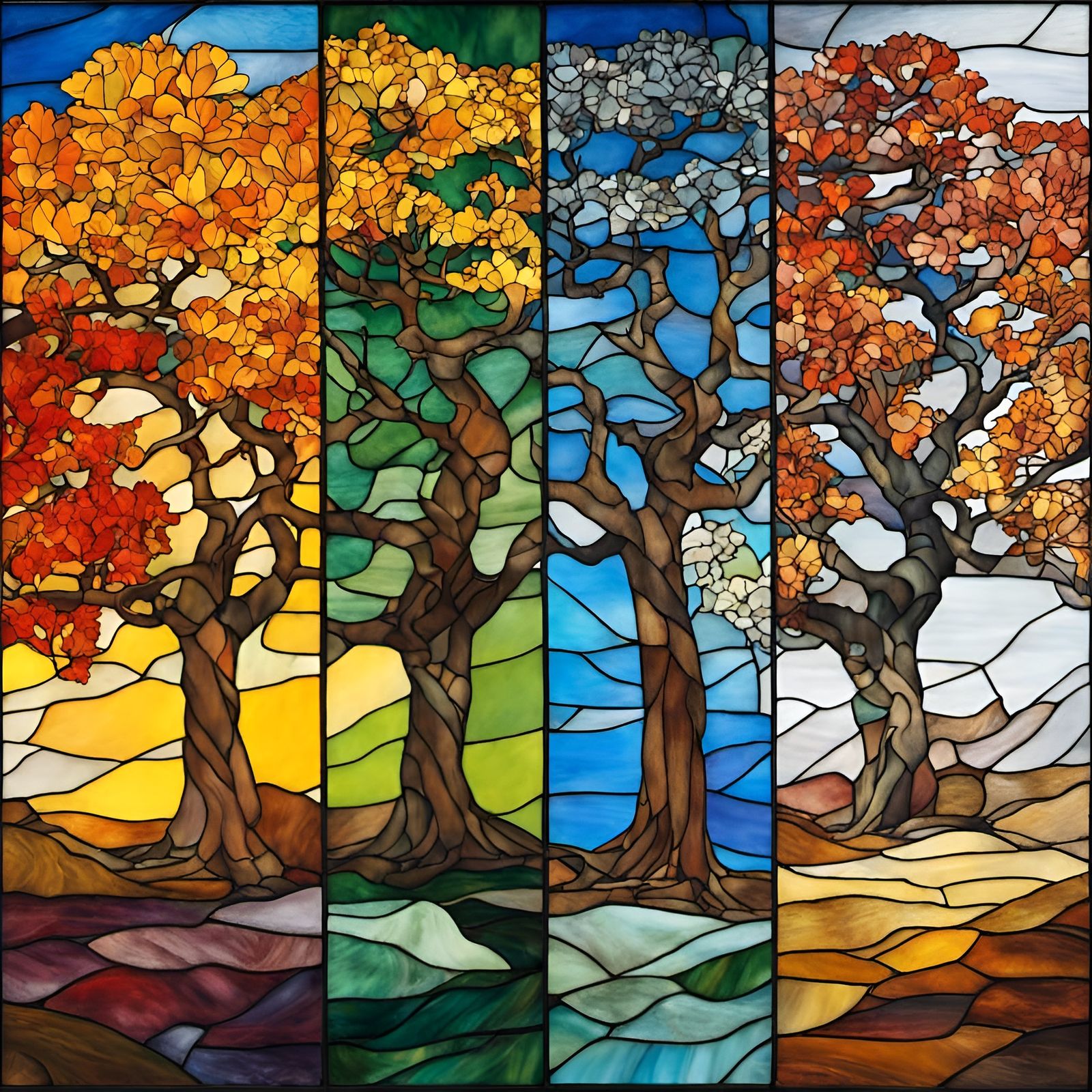 Ginko Tree: Stained Glass Quadriptych of Four Seasons