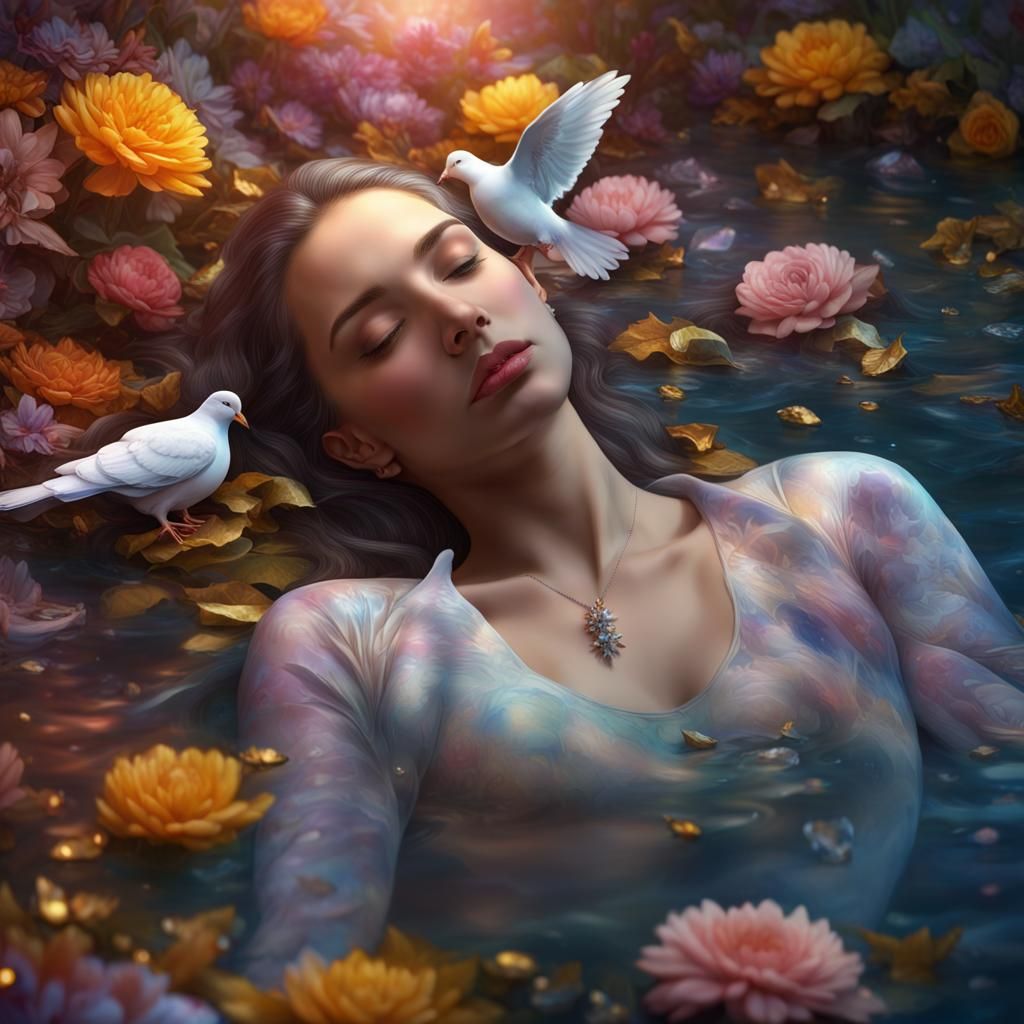 Luminescent Dove on Girl in Jeweled River