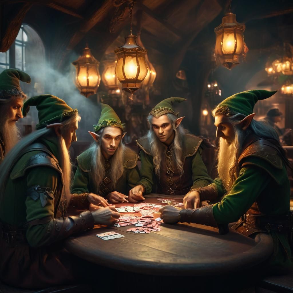 Elves Play Poker in Dim Tavern: Fantasy Illustration