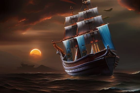 Haunted Pirate Ship Sailing Murky Waters Digital Painting