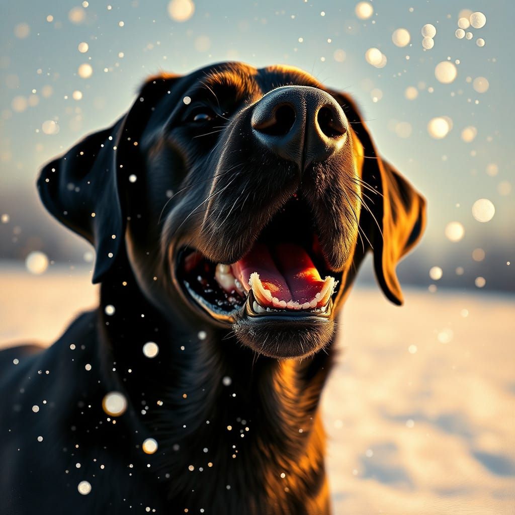 Joyful Black Labrador in Snowy Field, Impressionist Masterpi...