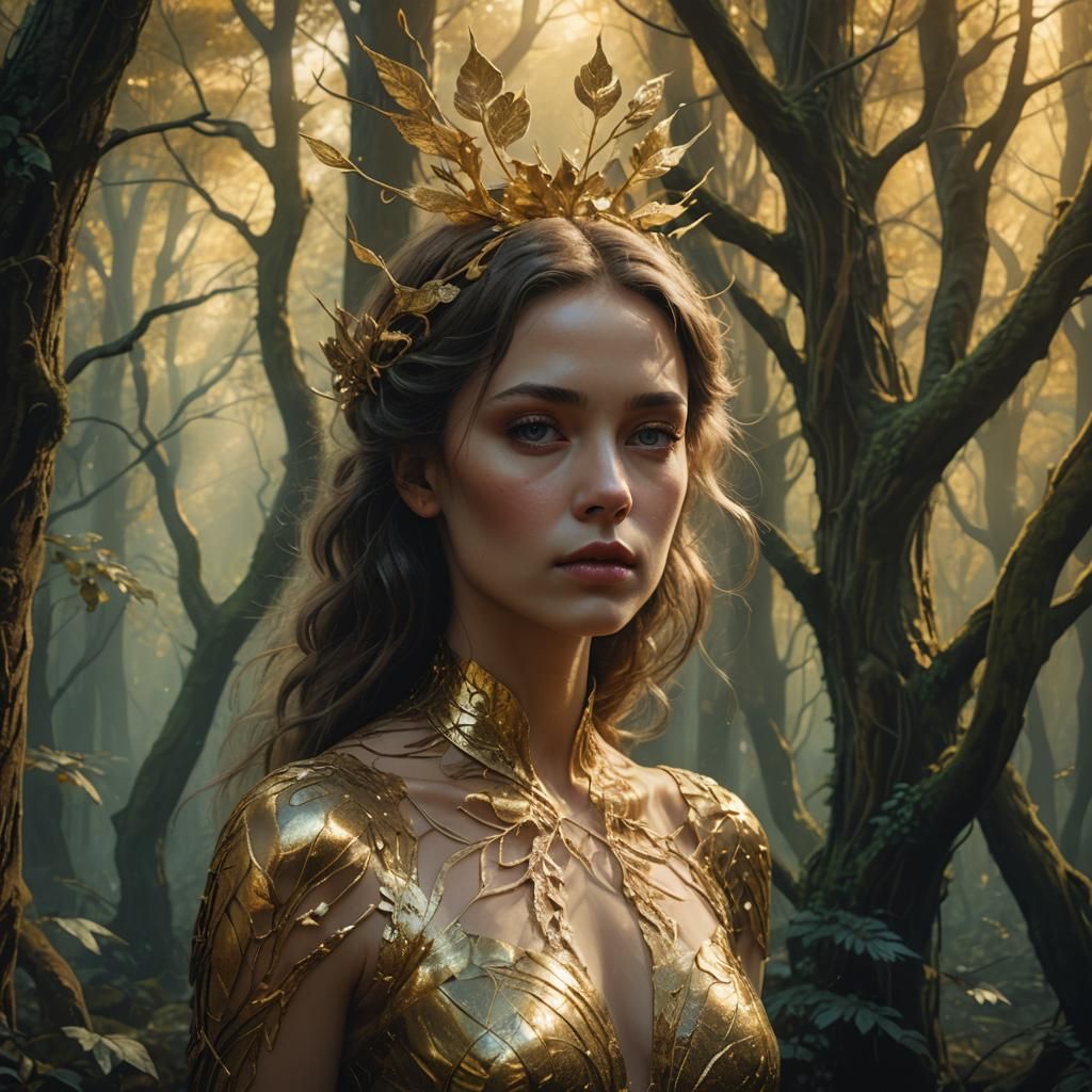 Ethereal Cat-Woman in Mystical Forest, Art Nouveau Style