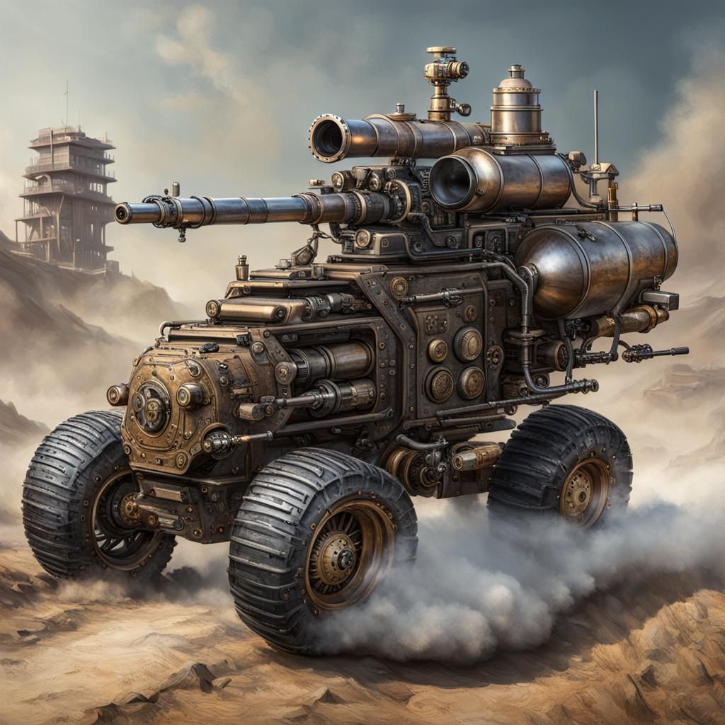 Steampunk All-Terrain Vehicle with Rotating Cannon