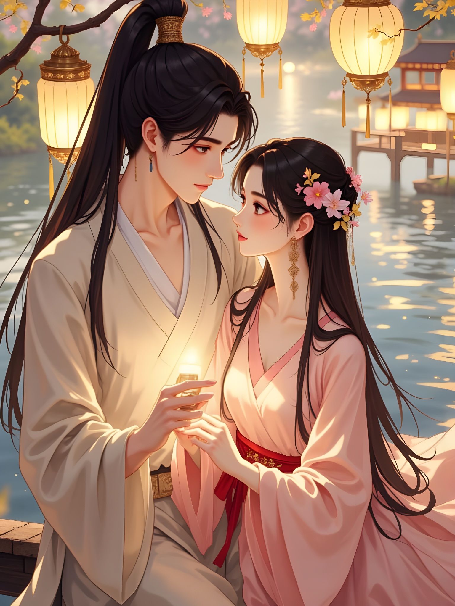 Romantic Couple in Donghua Style with Lanterns