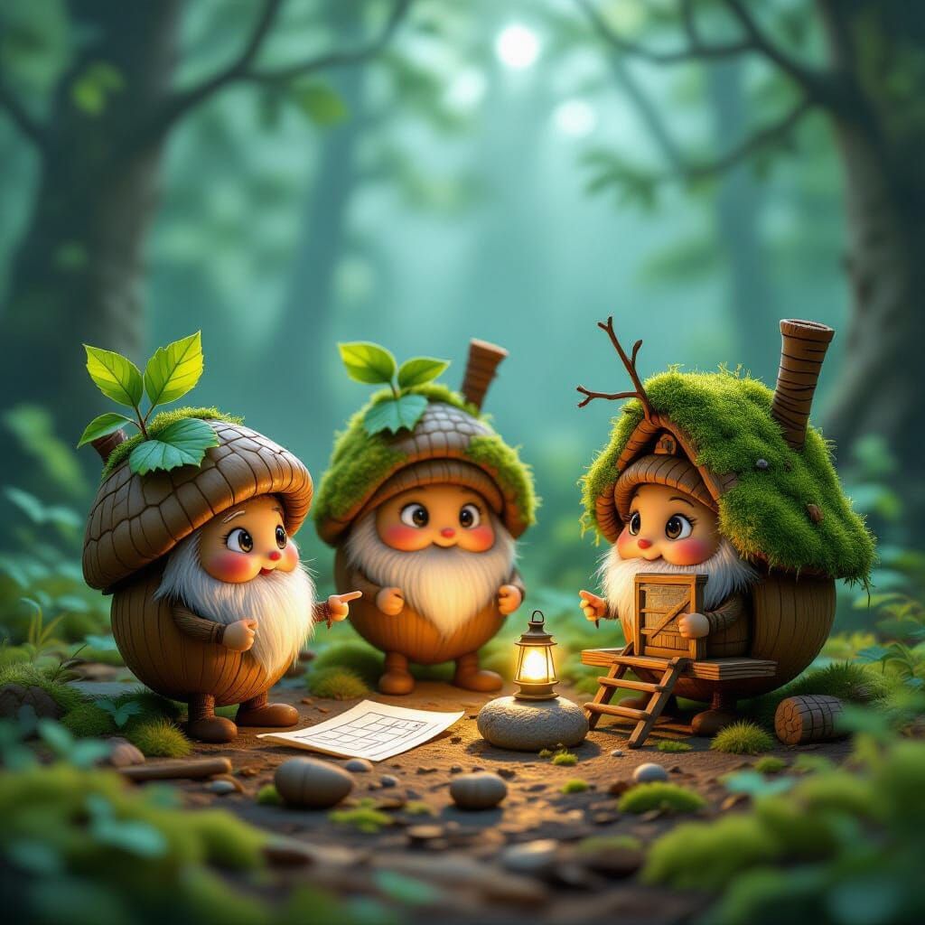 Acorns Build Whimsical Forest Homes in Misty Clearing